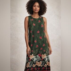 Floral Sleeveless Maxi Dress - Green and Red